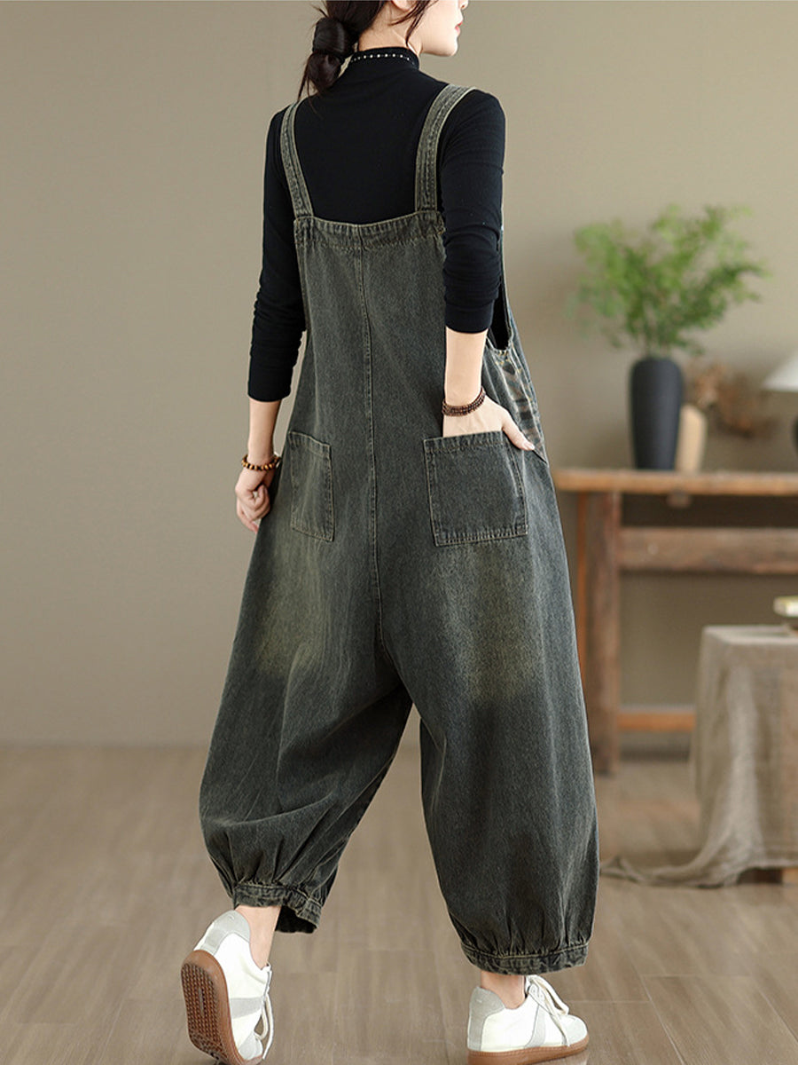 Women Autumn Casual Pure Color Denim Jumpsuits