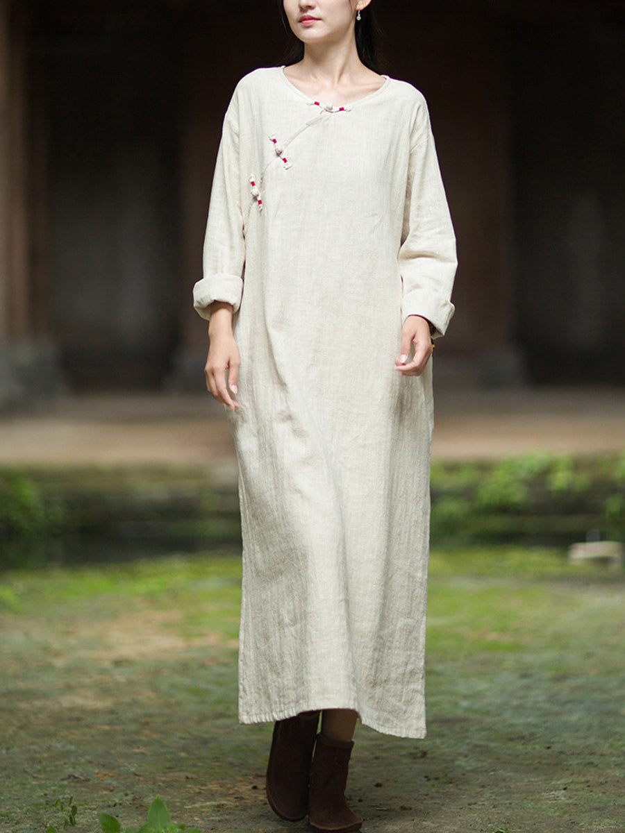 Women Autumn Vintage Pure Color O-Neck Ramie Cotton Dress