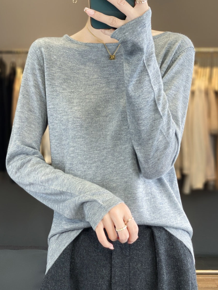 Women Autumn Casual Pure Color O-Neck Knit Sweater