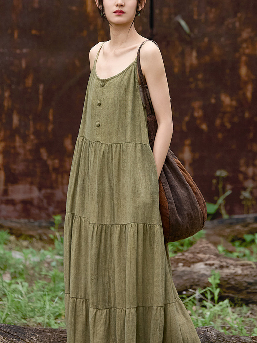 Women Summer Pure Color O-Neck Linen Maxi Vest Dress