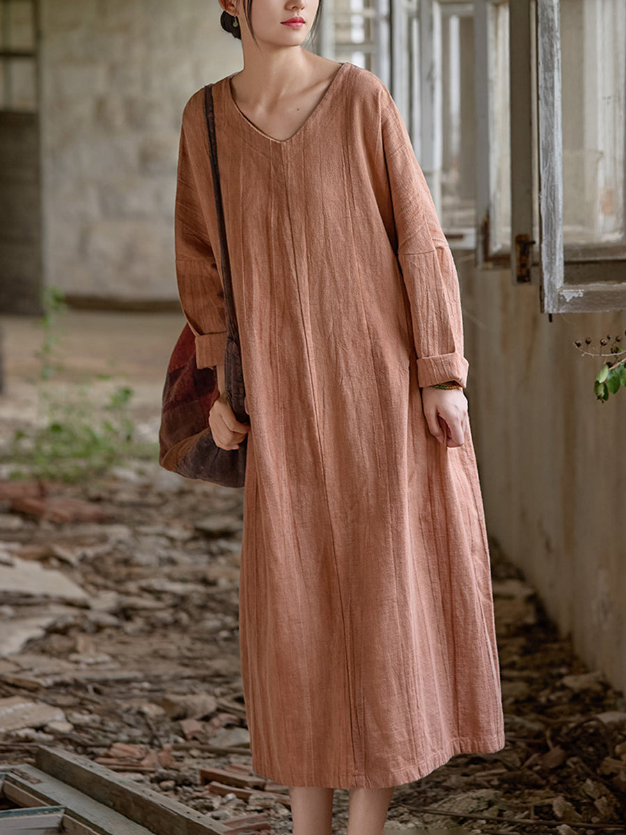 Women Summer Retro Pure Color V-Neck Ramie Dress