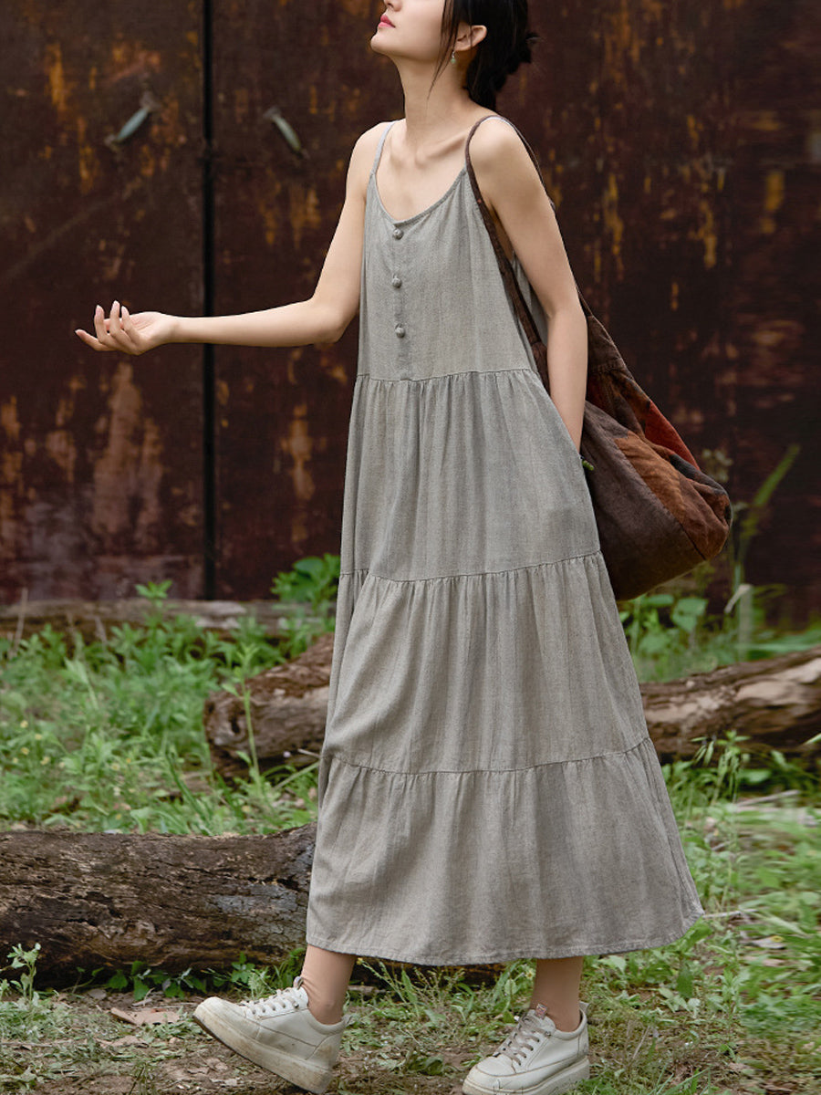 Women Summer Pure Color O-Neck Linen Maxi Vest Dress