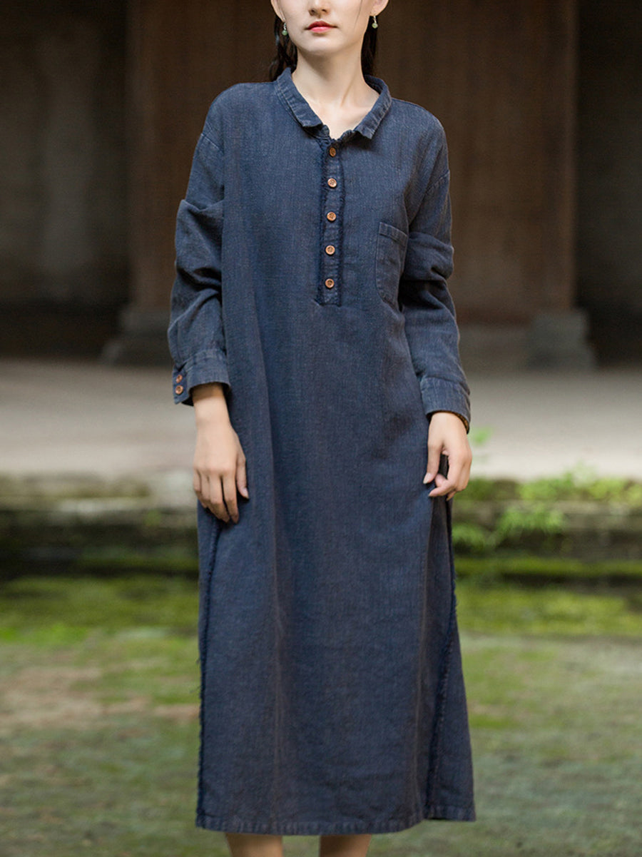 Women Autumn Vintage Pure Color Ramie Cotton Dress