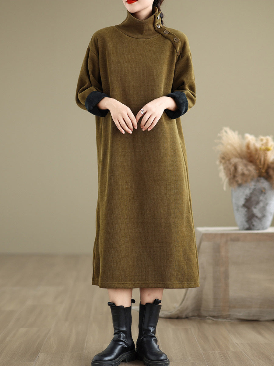 Women Winter Pure Color Fleece-lined Stand Collar Dress