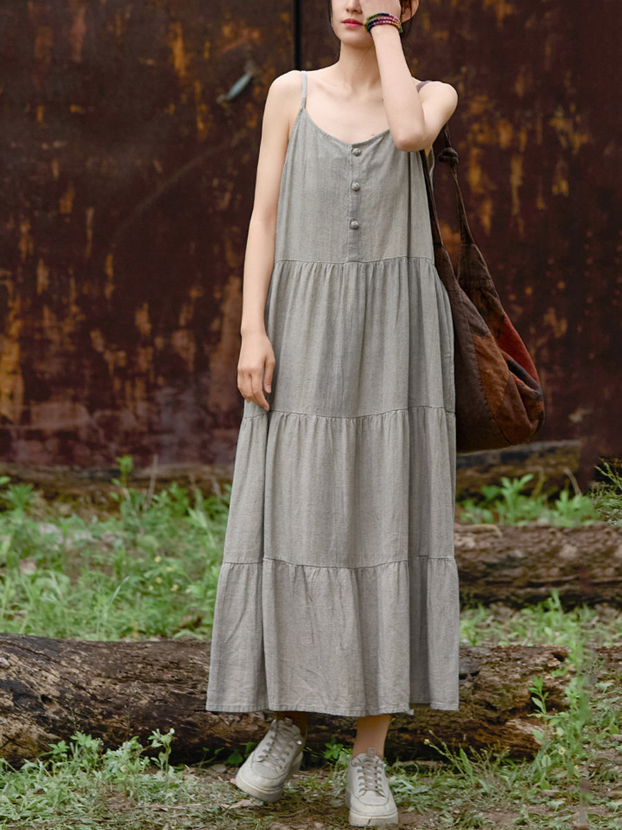 Women Summer Pure Color O-Neck Linen Maxi Vest Dress