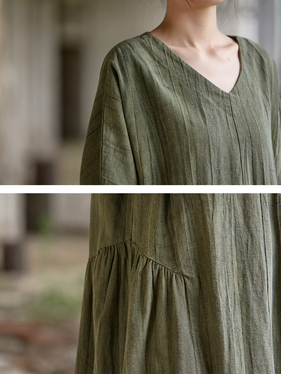 Women Summer Retro Pure Color V-Neck Ramie Dress