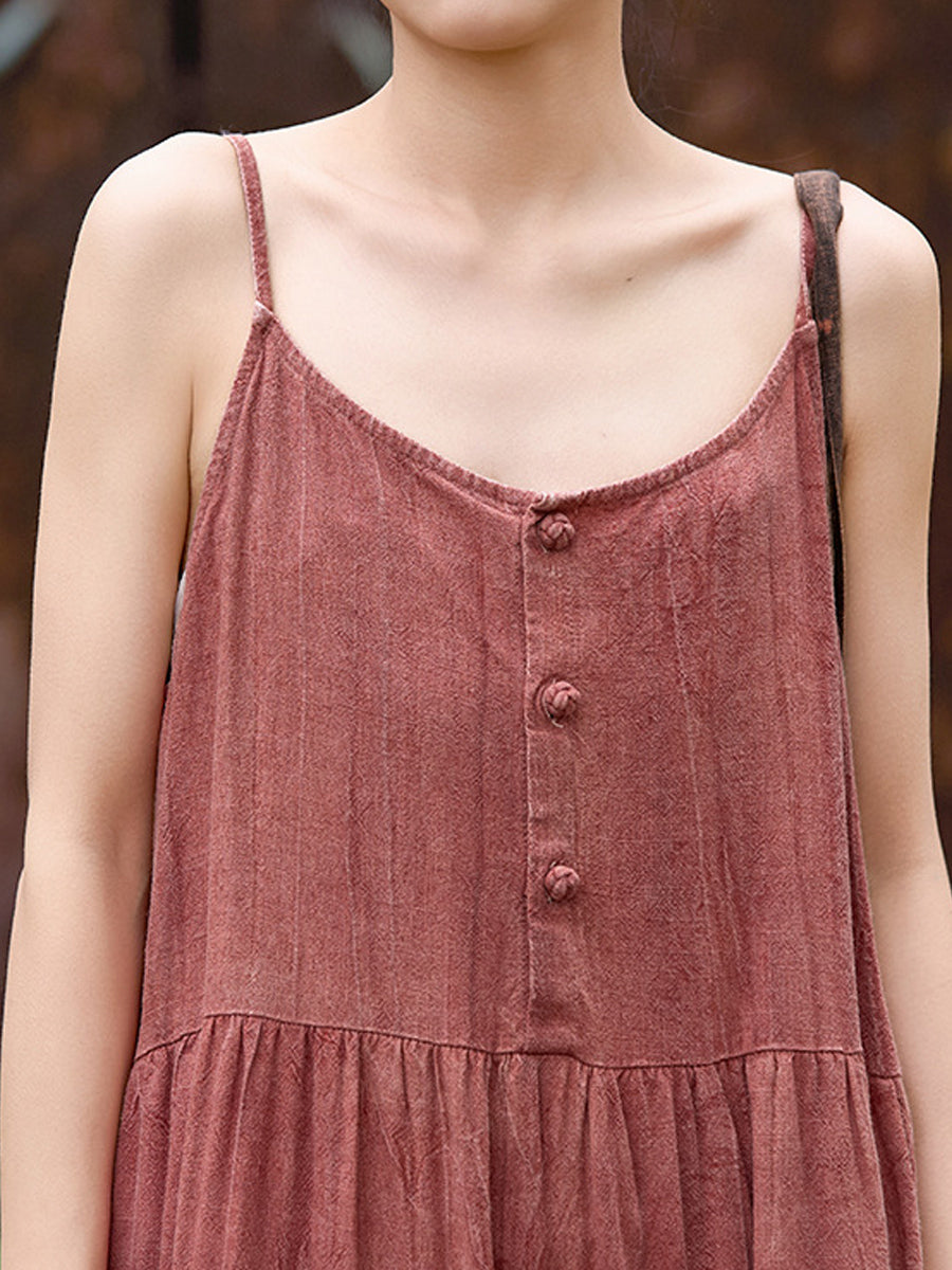 Women Summer Pure Color O-Neck Linen Maxi Vest Dress