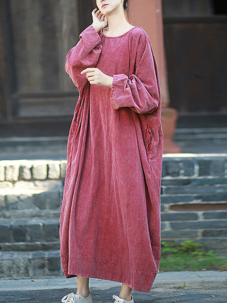 Women Autumn Retro Pure Color O-Neck Cotton Linen Dress