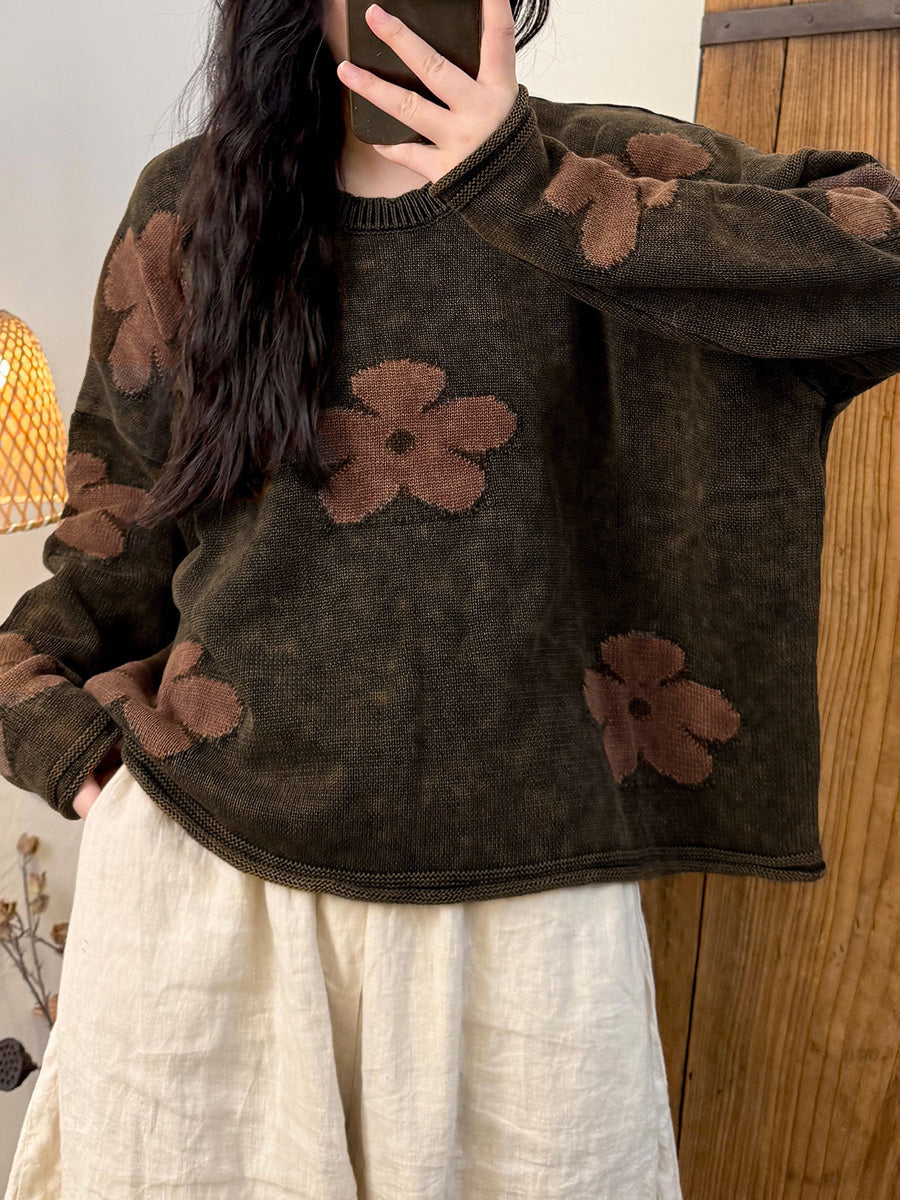 Women Autumn Retro Flower O-Neck Sweater