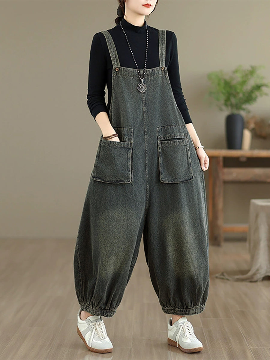 Women Autumn Casual Pure Color Denim Jumpsuits