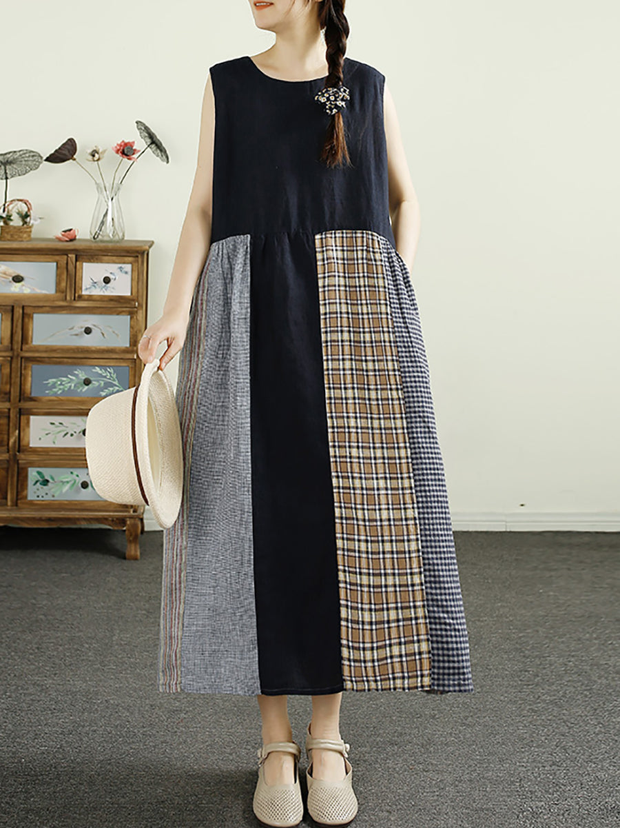 Plus Size Women Summer Plaid Spliced 100%Linen Vest Dress