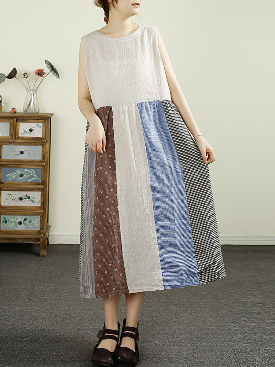 Plus Size Women Summer Plaid Spliced 100%Linen Vest Dress