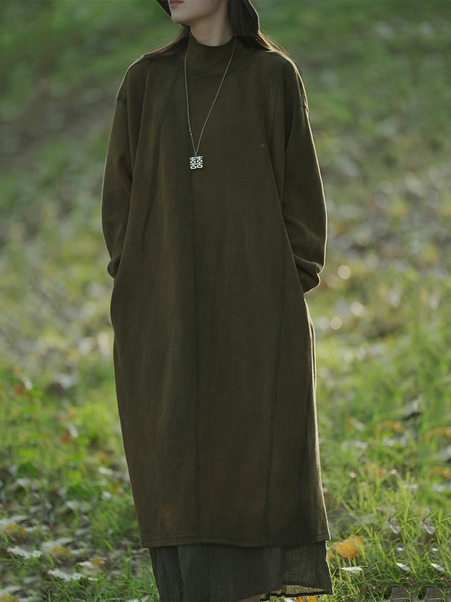 Plus Size Women Autumn Casual Pure Color Stand Collar Cotton Dress