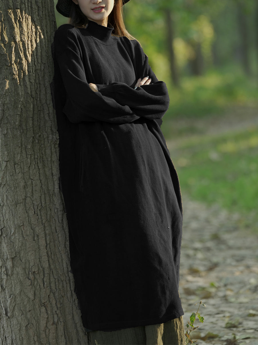 Plus Size Women Autumn Casual Pure Color Stand Collar Cotton Dress