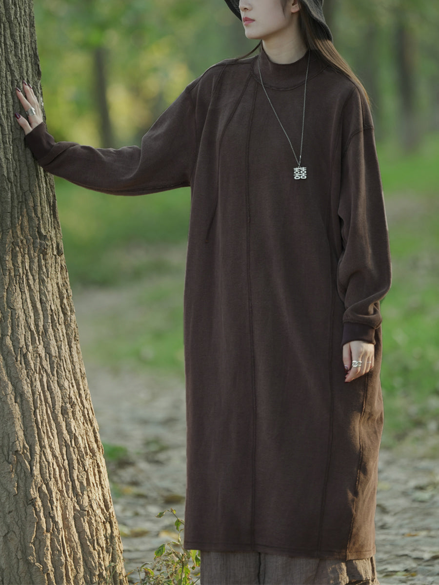 Plus Size Women Autumn Casual Pure Color Stand Collar Cotton Dress