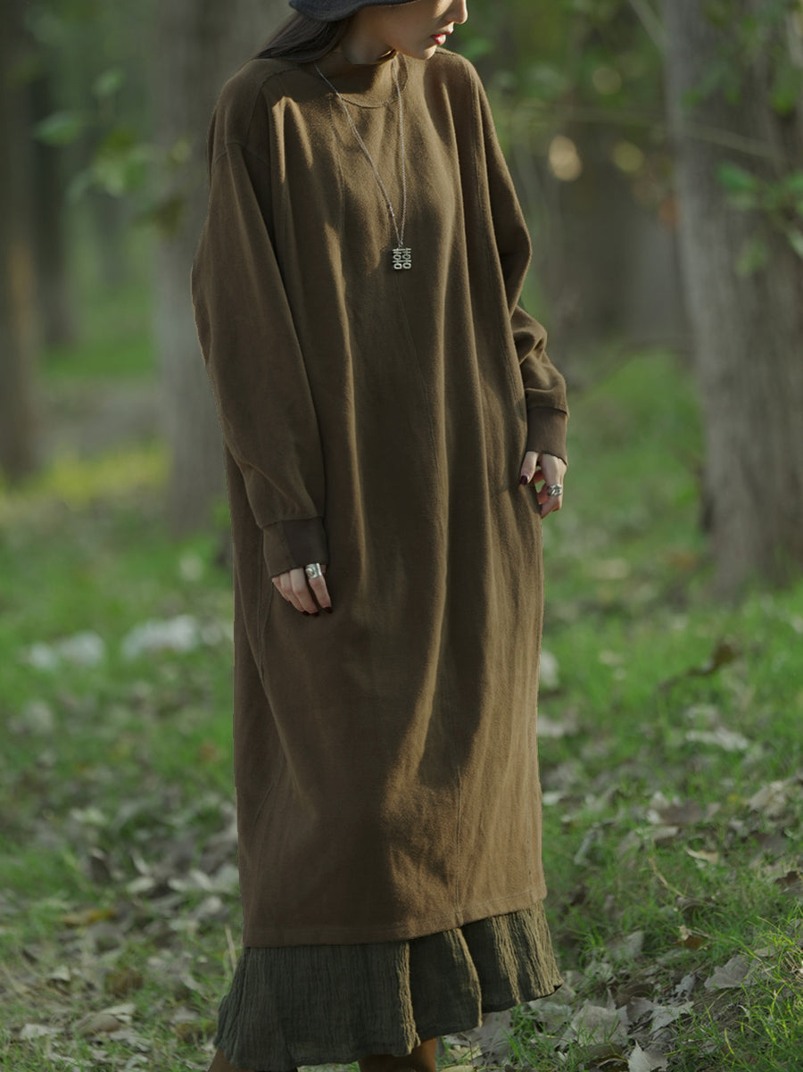 Plus Size Women Autumn Casual Pure Color Stand Collar Cotton Dress