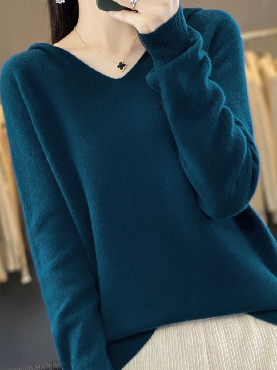 Women Vintage Autumn Pure Color Hooded Wool Sweater