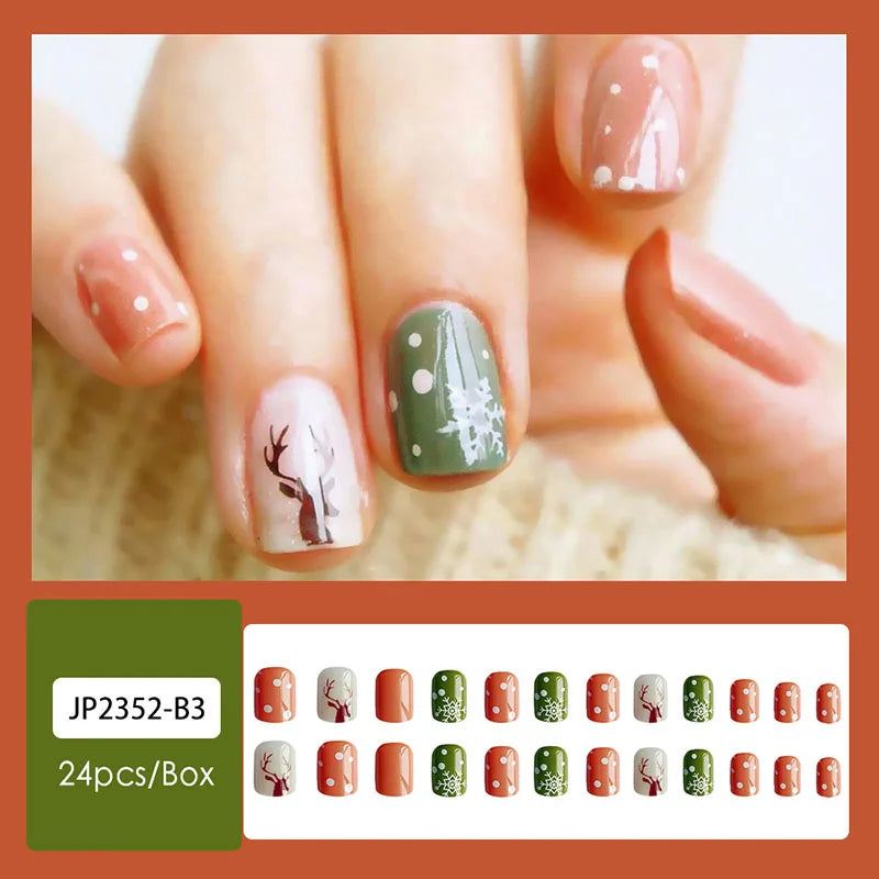 24pcs Christmas Design False French Style Almond Reusable Adhesives Acrylic Nail Tip Press On Nails