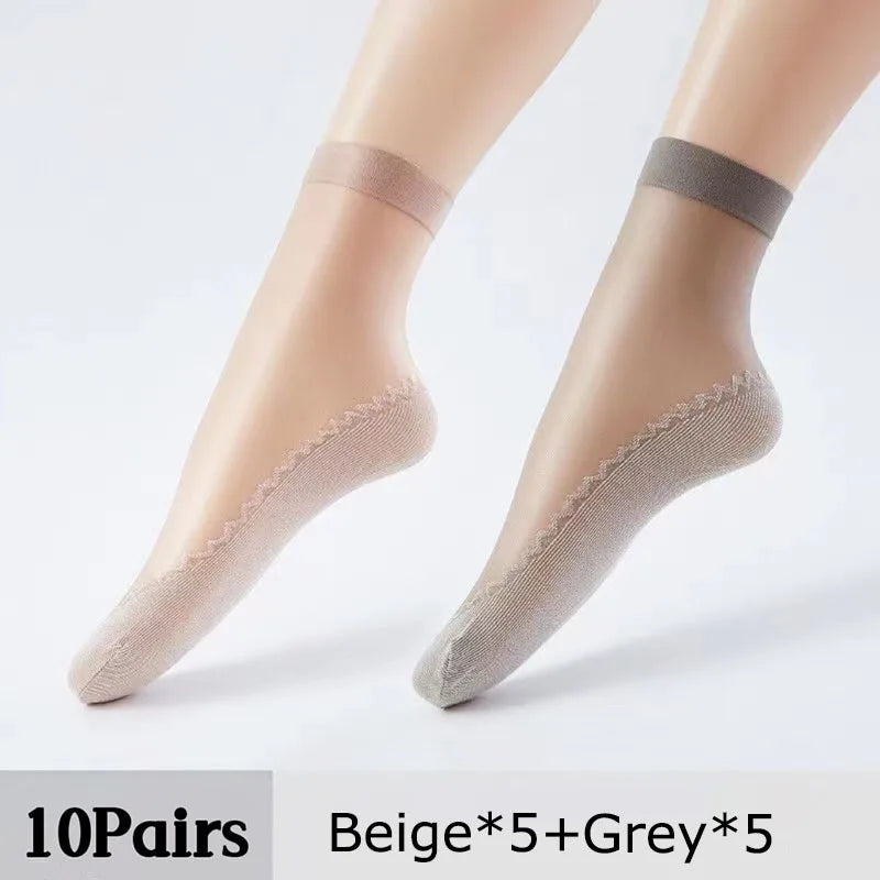 10Pairs Soft Thin Silk Non-Slip Bottom Splice Fashion Transparent Breathable Black Girls Women Socks