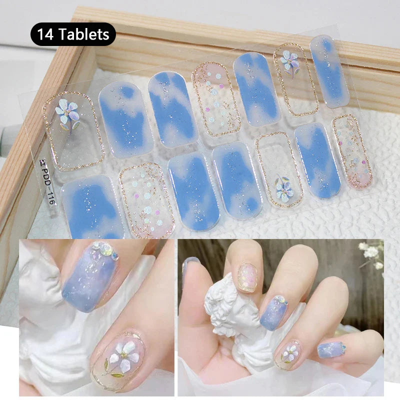 16/22 Tips 3D Nail Art Sticker Fall Christmas Snow Blue Diamonds Full Manicure DIY Nail Strips Decor