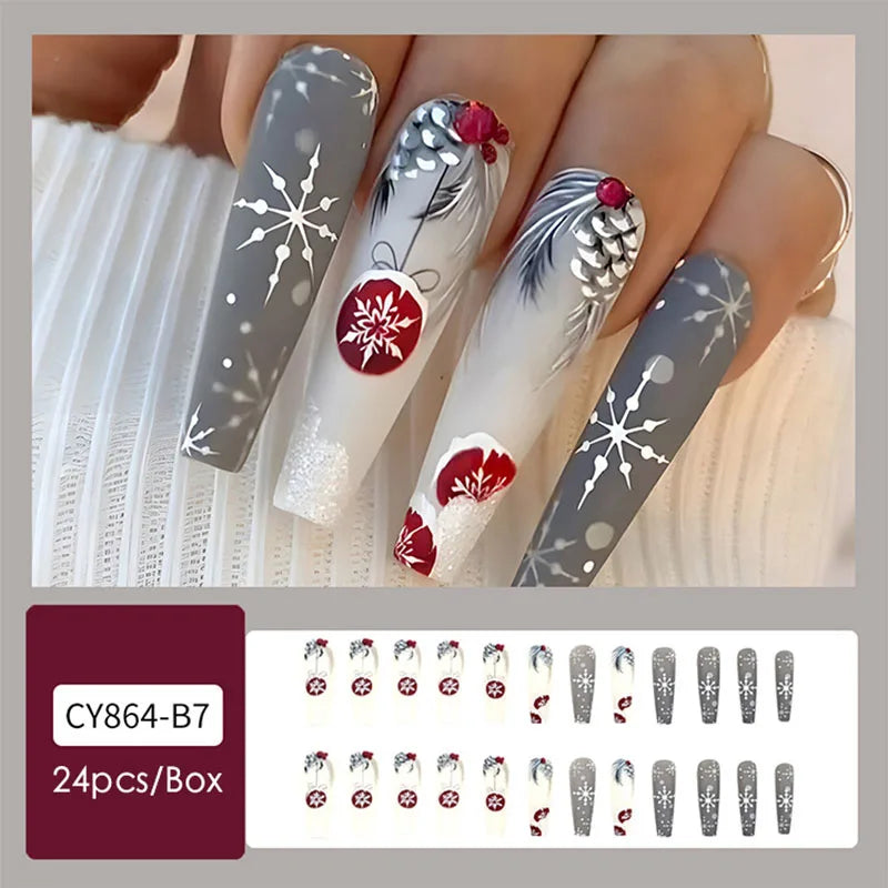 24pcs Christmas Design False French Style Almond Reusable Adhesives Acrylic Nail Tip Press On Nails