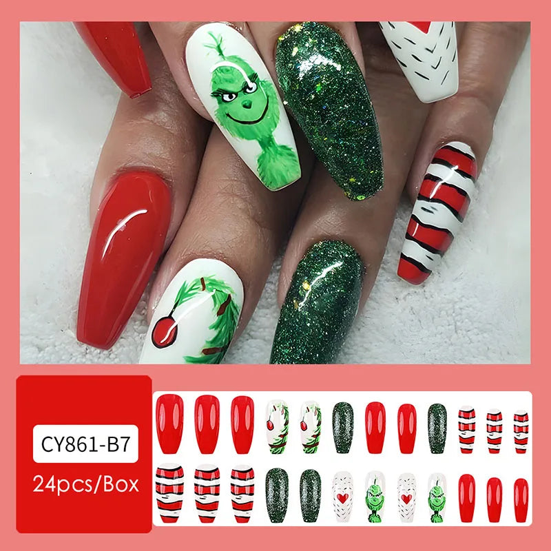 24pcs Christmas Design False French Style Almond Reusable Adhesives Acrylic Nail Tip Press On Nails