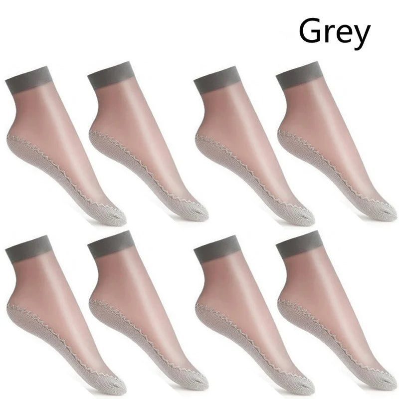 10Pairs Soft Thin Silk Non-Slip Bottom Splice Fashion Transparent Breathable Black Girls Women Socks