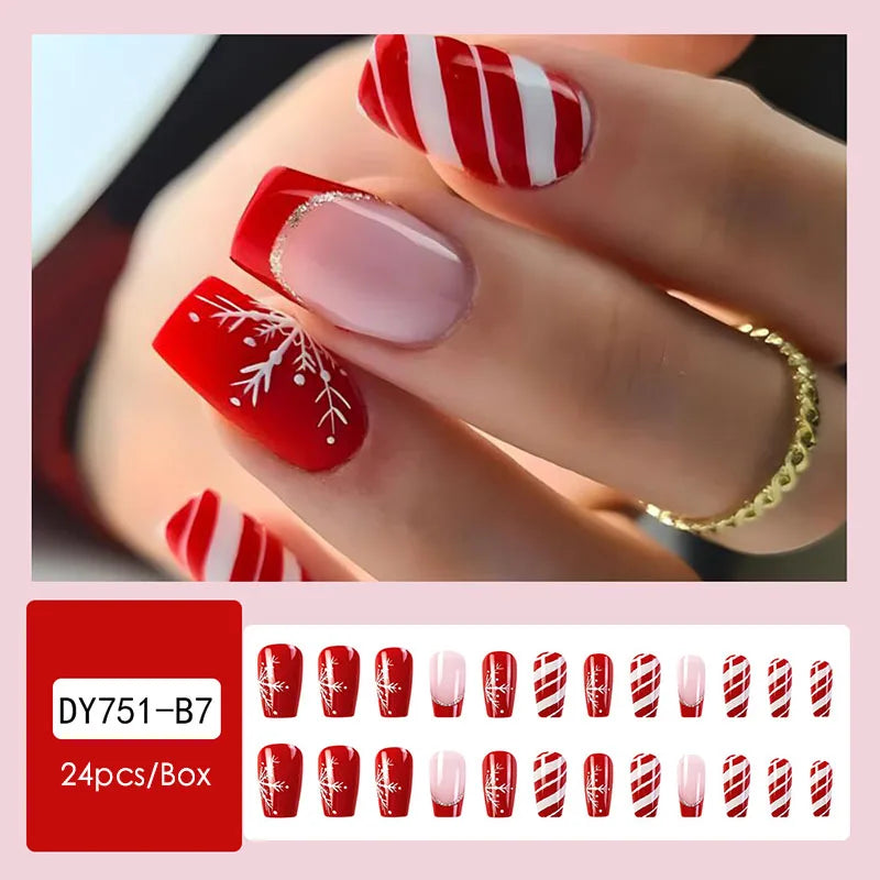 24pcs Christmas Design False French Style Almond Reusable Adhesives Acrylic Nail Tip Press On Nails