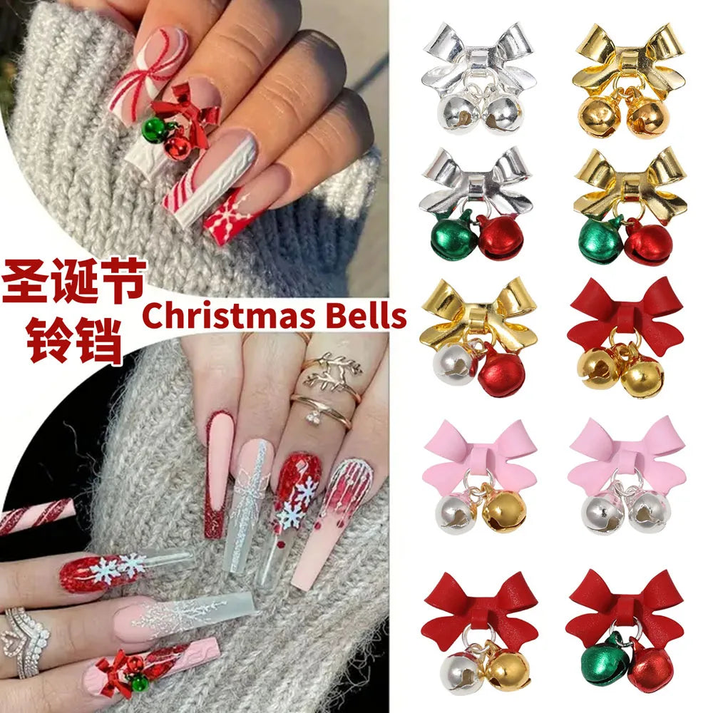 10pcs Christmas Small Bell Charms Crystal Bowknot Ornament DIY Exquisite Accessories Gold Nails Art
