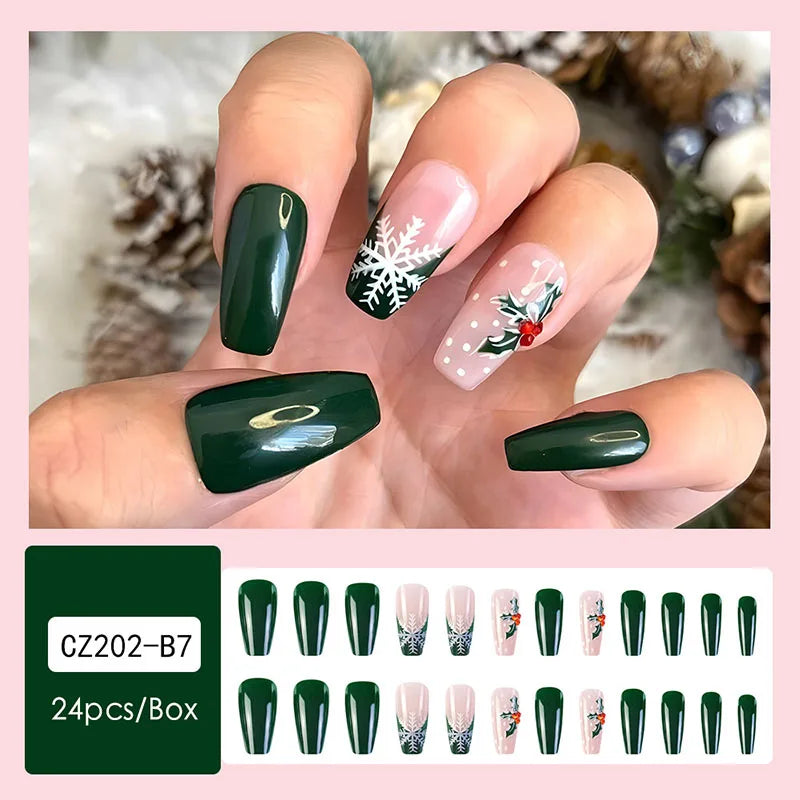 24pcs Christmas Design False French Style Almond Reusable Adhesives Acrylic Nail Tip Press On Nails