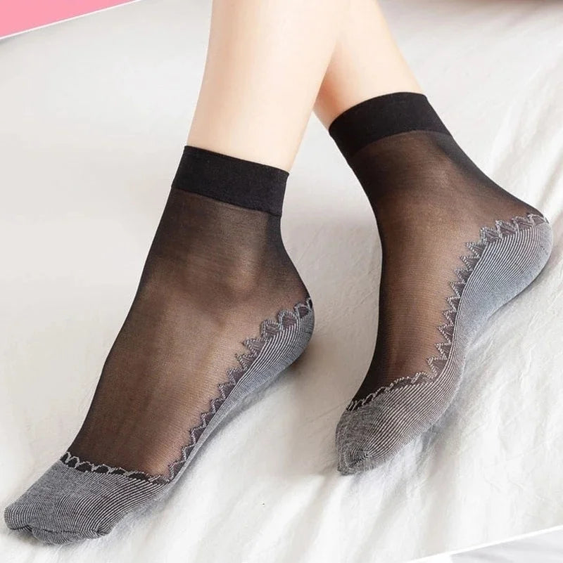 10Pairs Soft Thin Silk Non-Slip Bottom Splice Fashion Transparent Breathable Black Girls Women Socks