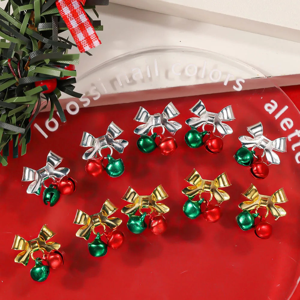10pcs Christmas Small Bell Charms Crystal Bowknot Ornament DIY Exquisite Accessories Gold Nails Art