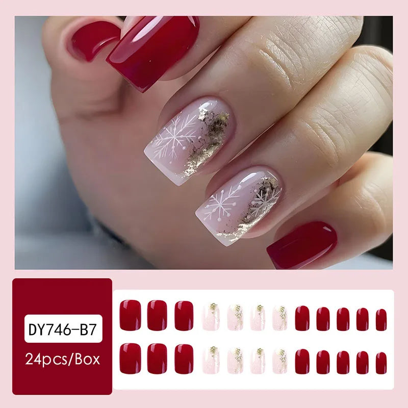 24pcs Christmas Design False French Style Almond Reusable Adhesives Acrylic Nail Tip Press On Nails