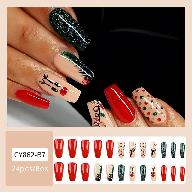 24pcs Christmas Design False French Style Almond Reusable Adhesives Acrylic Nail Tip Press On Nails