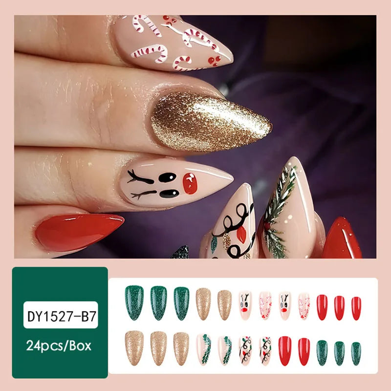 24pcs Christmas Design False French Style Almond Reusable Adhesives Acrylic Nail Tip Press On Nails