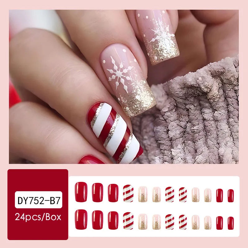 24pcs Christmas Design False French Style Almond Reusable Adhesives Acrylic Nail Tip Press On Nails