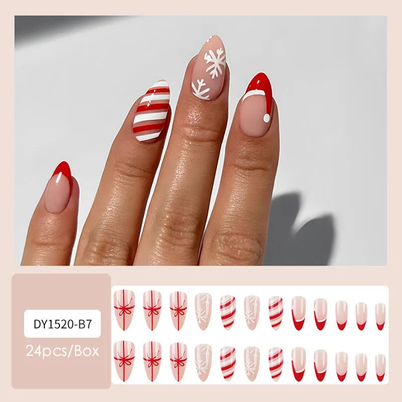 24pcs Christmas Design False French Style Almond Reusable Adhesives Acrylic Nail Tip Press On Nails