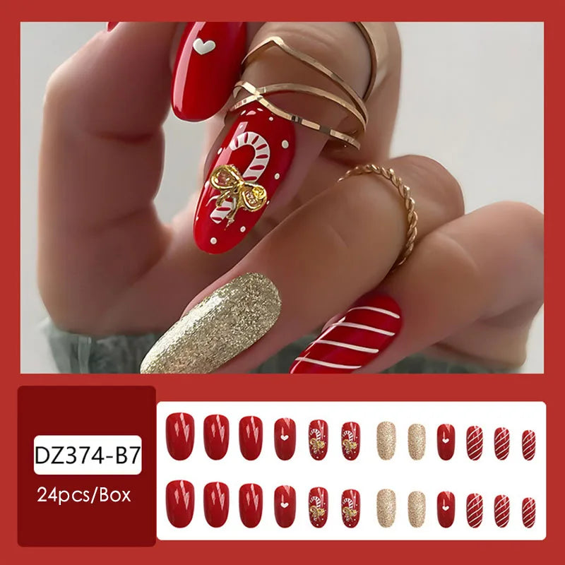 24pcs Christmas Design False French Style Almond Reusable Adhesives Acrylic Nail Tip Press On Nails