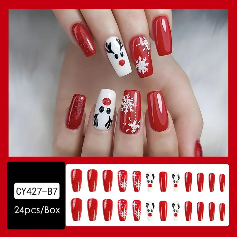 24pcs Christmas Design False French Style Almond Reusable Adhesives Acrylic Nail Tip Press On Nails