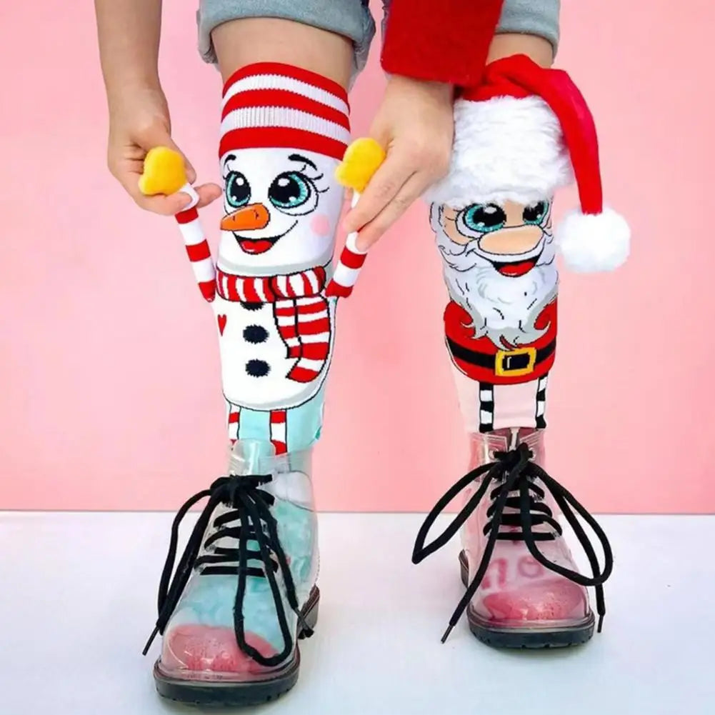 1 Pair Trendy Cartoon Christmas Stockings Clear Print Create Atmosphere Anti-shrink Santa Snowman Christmas Present Socks