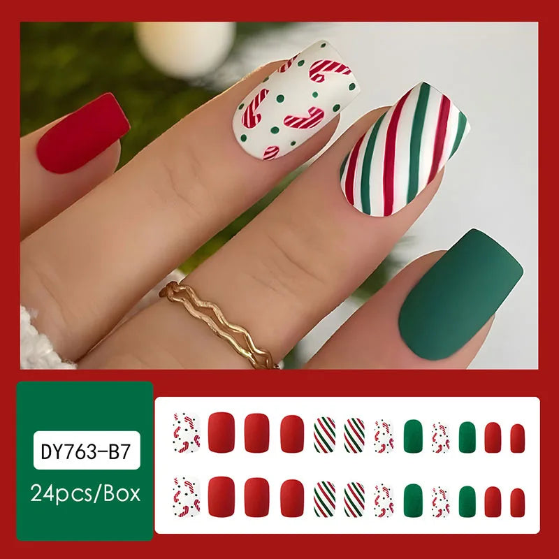 24pcs Christmas Design False French Style Almond Reusable Adhesives Acrylic Nail Tip Press On Nails