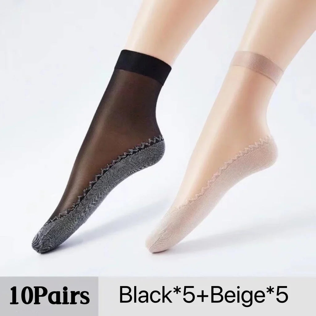 10Pairs Soft Thin Silk Non-Slip Bottom Splice Fashion Transparent Breathable Black Girls Women Socks