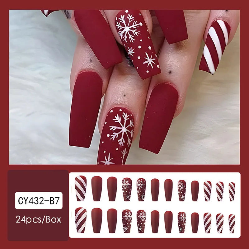 24pcs Christmas Design False French Style Almond Reusable Adhesives Acrylic Nail Tip Press On Nails