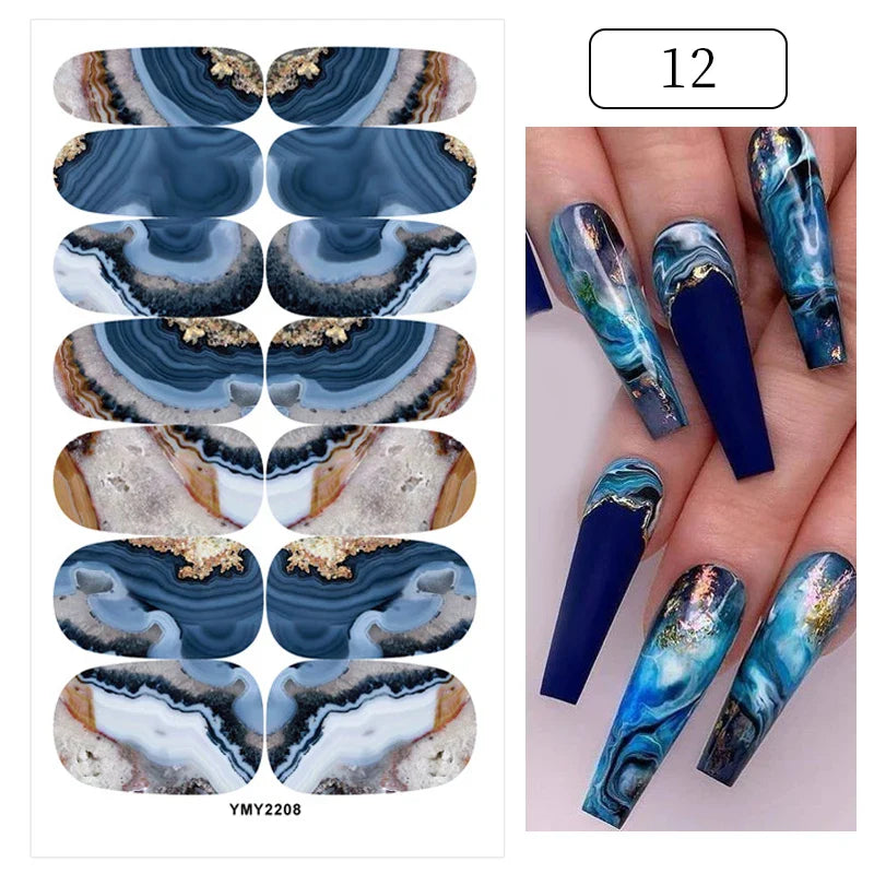 16/22 Tips 3D Nail Art Sticker Fall Christmas Snow Blue Diamonds Full Manicure DIY Nail Strips Decor