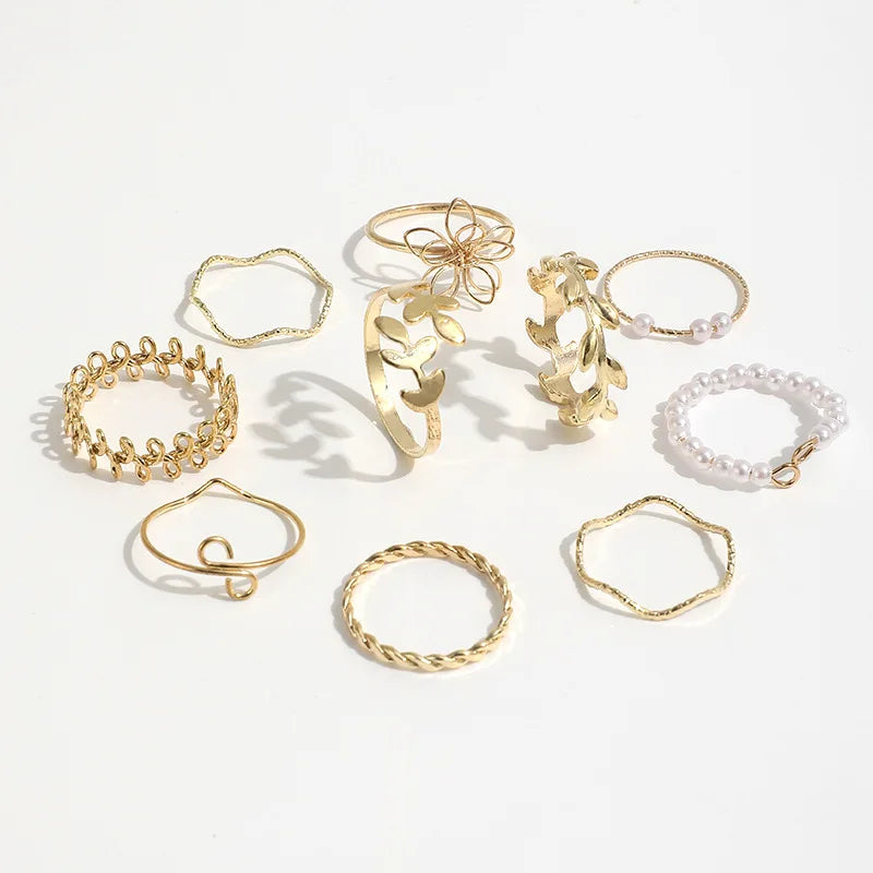 10pcs/set Bohemian Hollow Flower Simple Glossy Leaf Vine Imitation Pearl Gold Women Rings Set