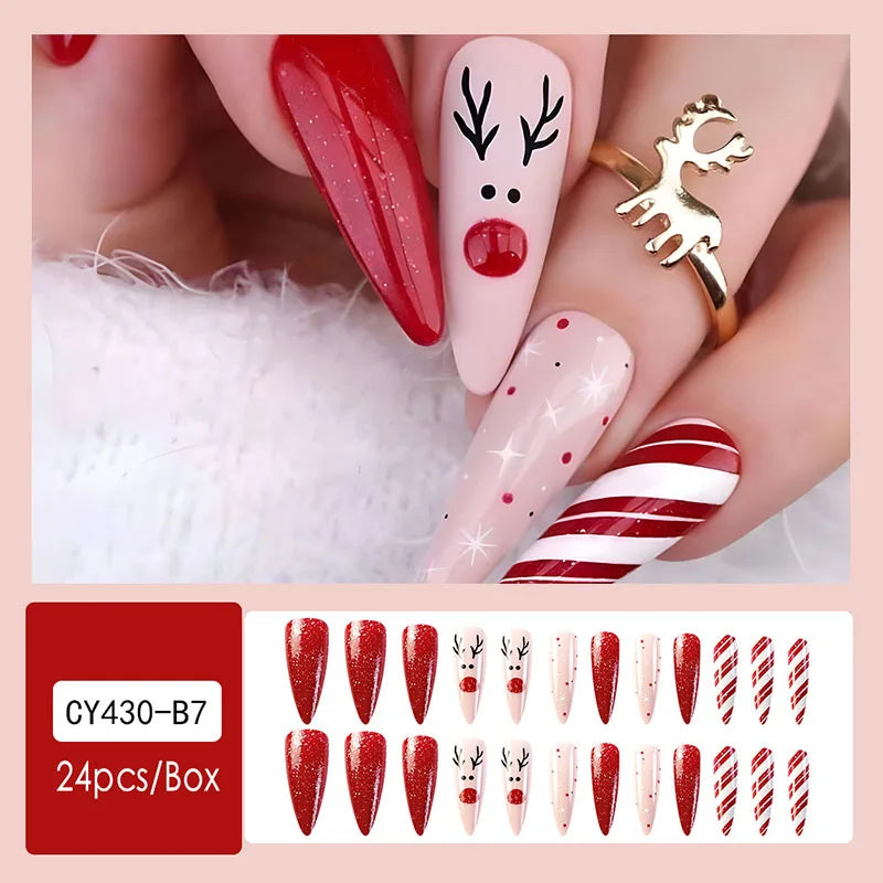 24pcs Christmas Design False French Style Almond Reusable Adhesives Acrylic Nail Tip Press On Nails