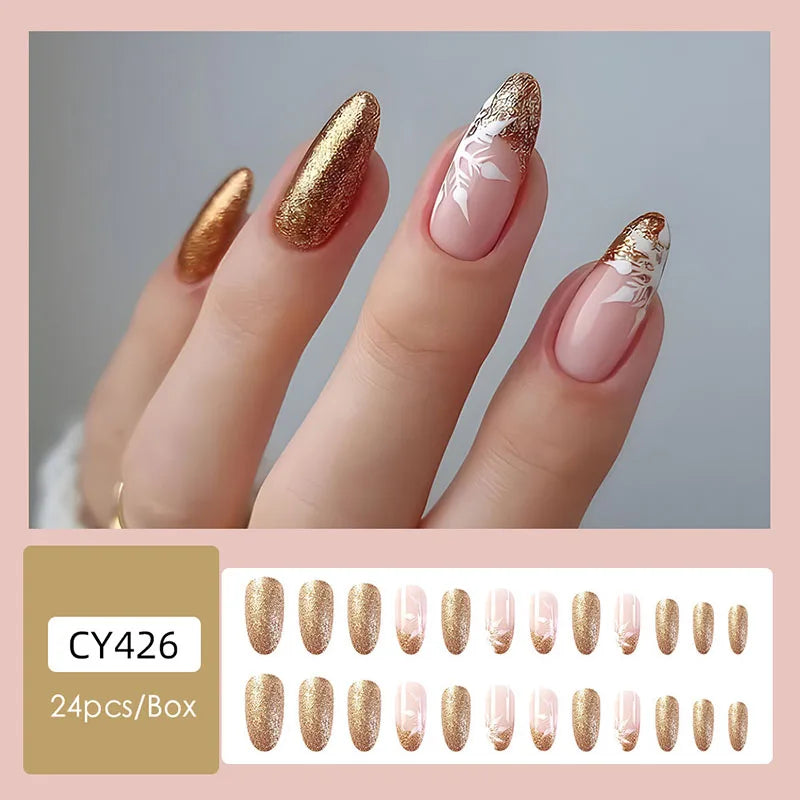 24pcs Christmas Design False French Style Almond Reusable Adhesives Acrylic Nail Tip Press On Nails