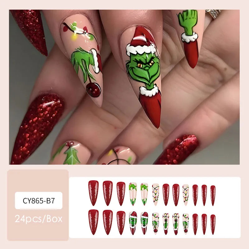 24pcs Christmas Design False French Style Almond Reusable Adhesives Acrylic Nail Tip Press On Nails