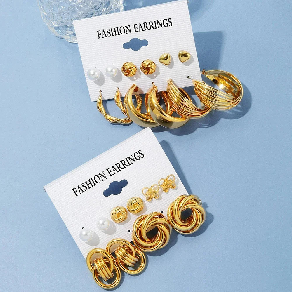 12 pcs Earrings Set Women Personality Versatile Simple Retro Gold Butterfly Love Heart Inlaid Pearl