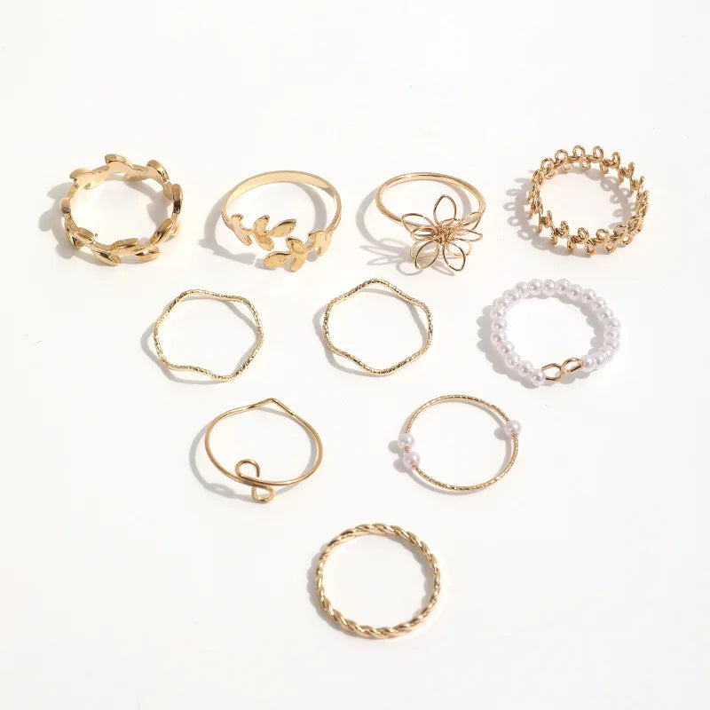 10pcs/set Bohemian Hollow Flower Simple Glossy Leaf Vine Imitation Pearl Gold Women Rings Set